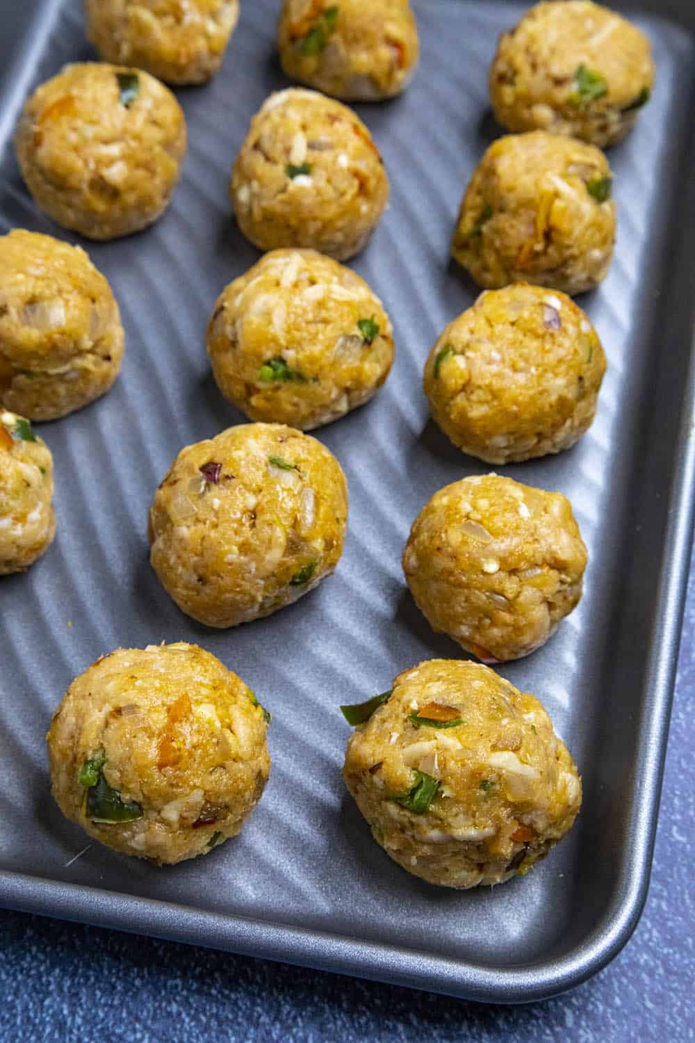 Buffalo Chicken Meatballs formed and ready for cooking