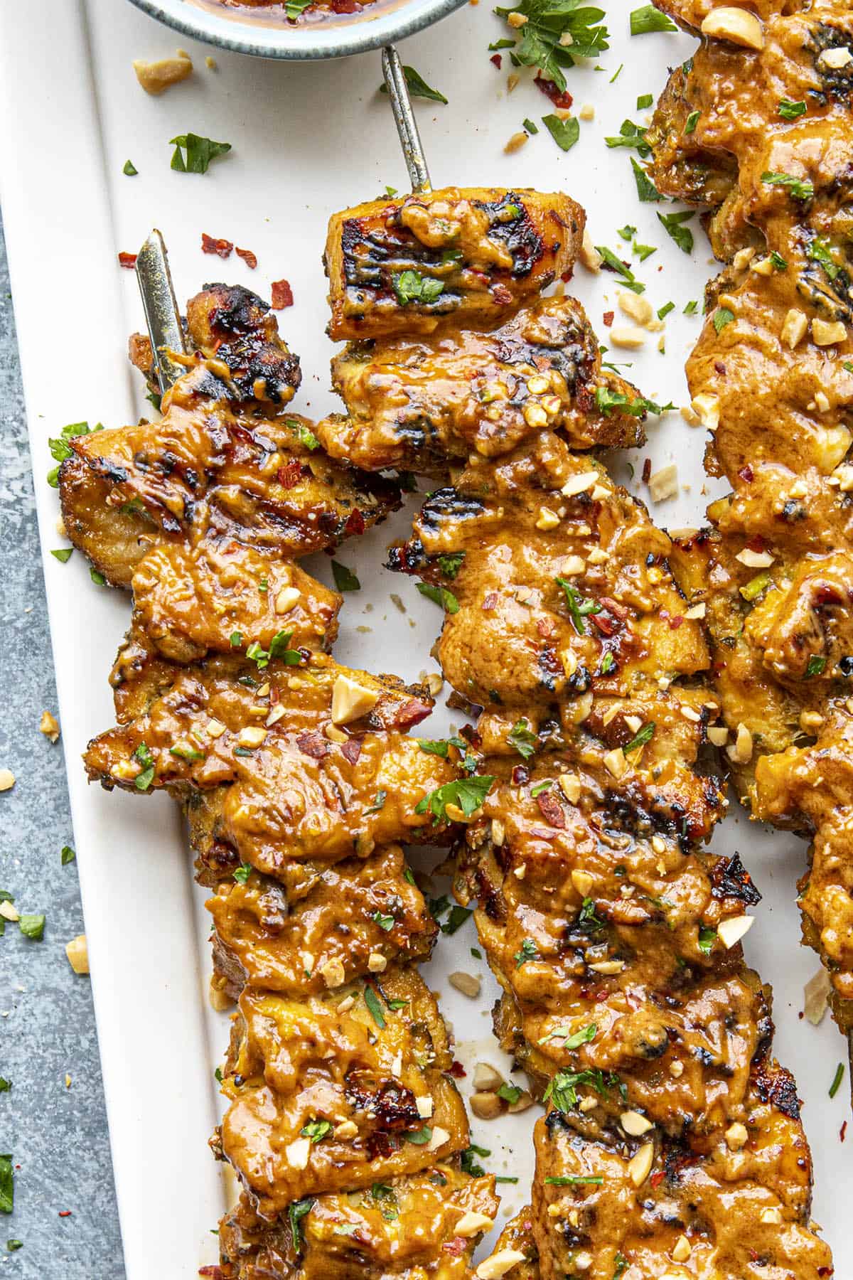 Thai Chicken Satay skewers on a plate