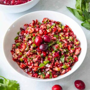 Fresh Cranberry Salsa served in a white bowl