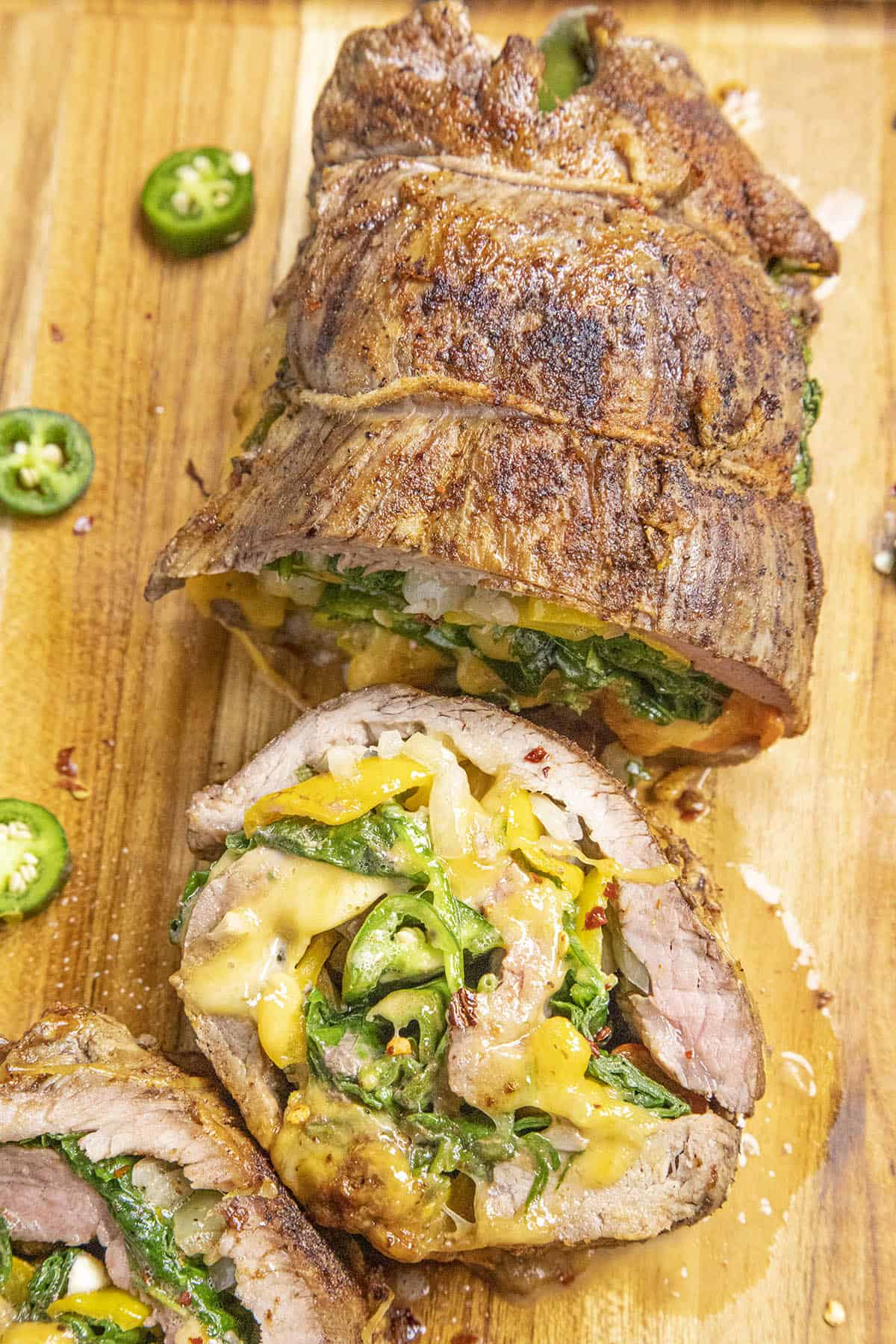 A large piece of stuffed flank steak