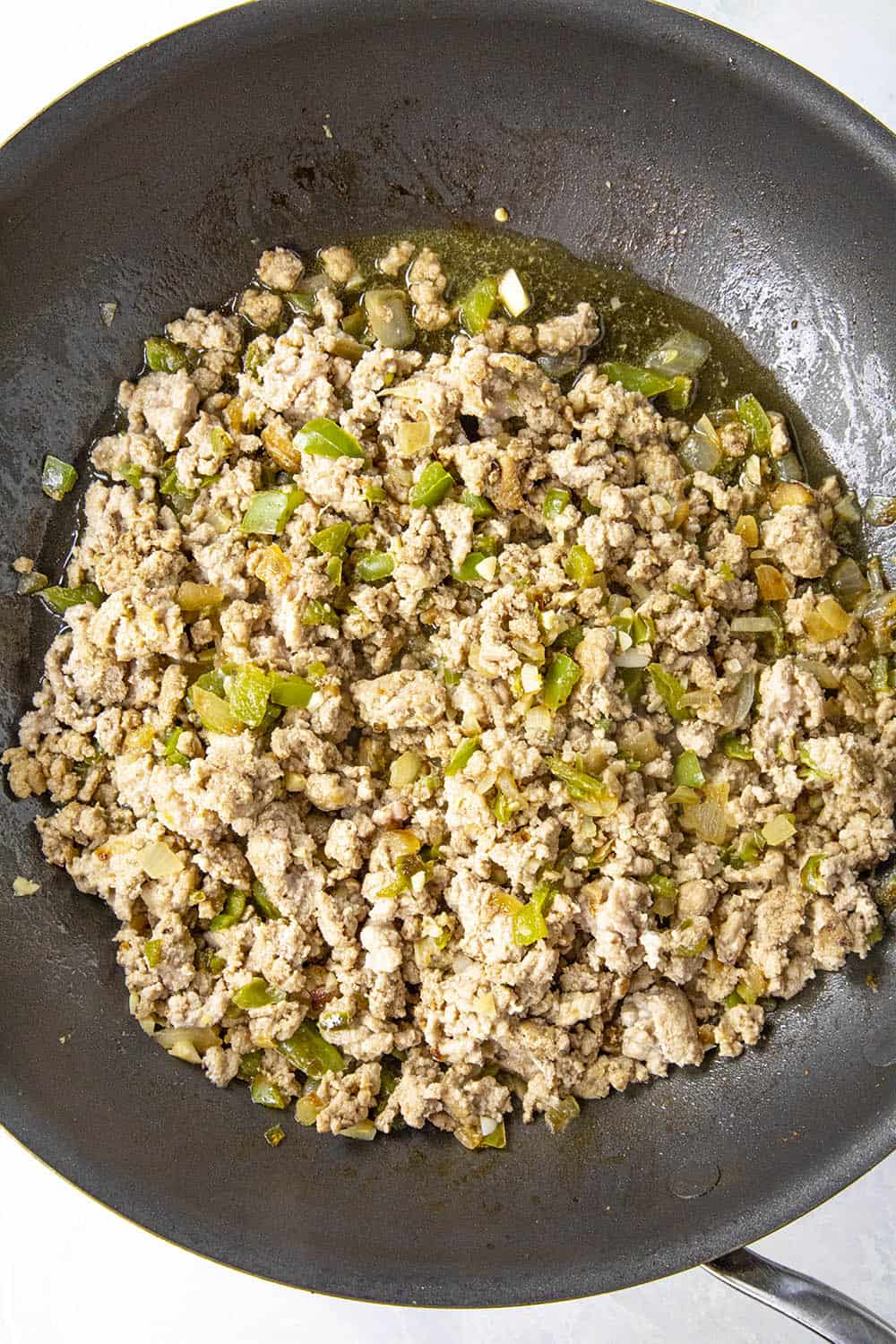 Cooked ground turkey, though you can use ground beef, pork or chicken