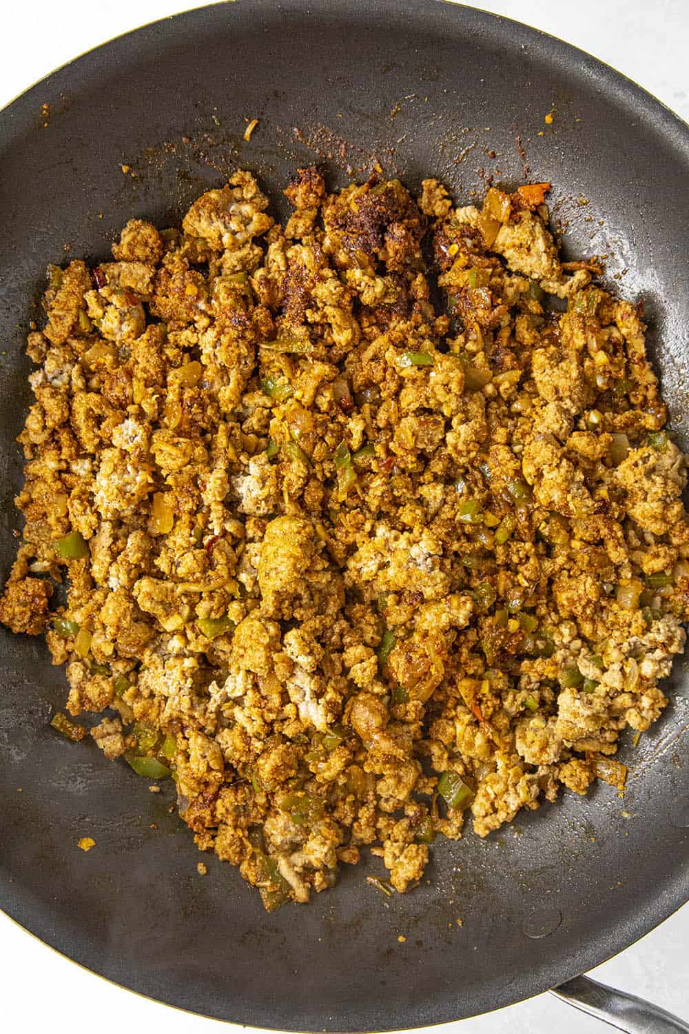 Cooked ground taco meat for our stuffed peppers