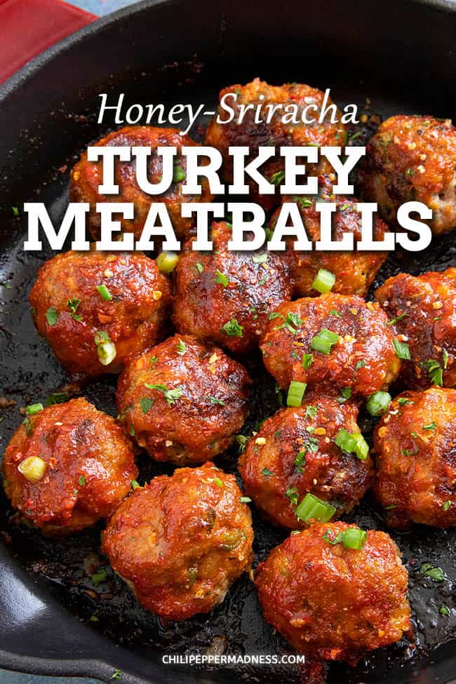Honey-Sriracha Turkey Meatballs - These honey-sriracha turkey meatballs are the perfect appetizer, glazed with spicy sriracha and honey. Great for game day or the star of the meal! #turkeymeatballs #sriracha #appetizers #groundturkey