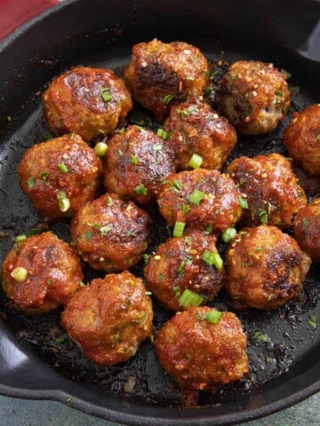 Honey Sriracha Turkey Meatballs served on a skillet