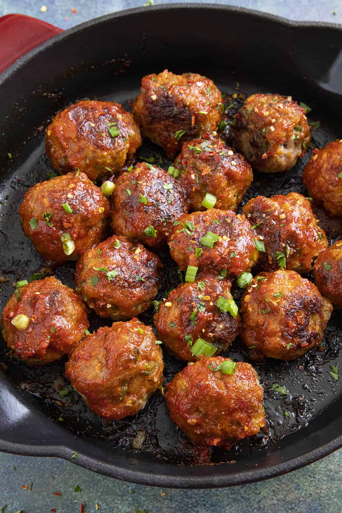 Honey Sriracha Turkey Meatballs served on a skillet