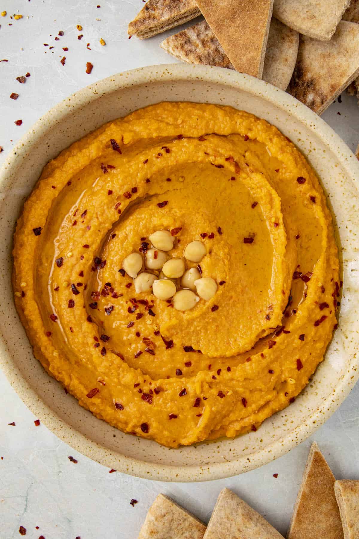 Creamy Roasted Red Pepper Hummus in a bowl