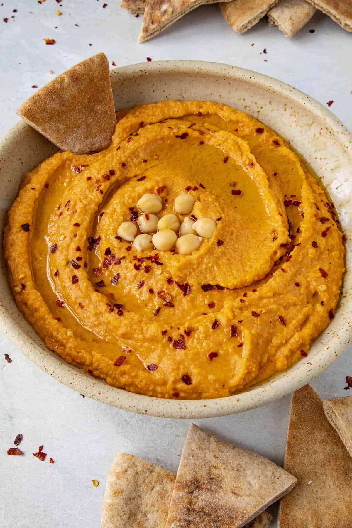 Roasted Red Pepper Hummus in a bowl