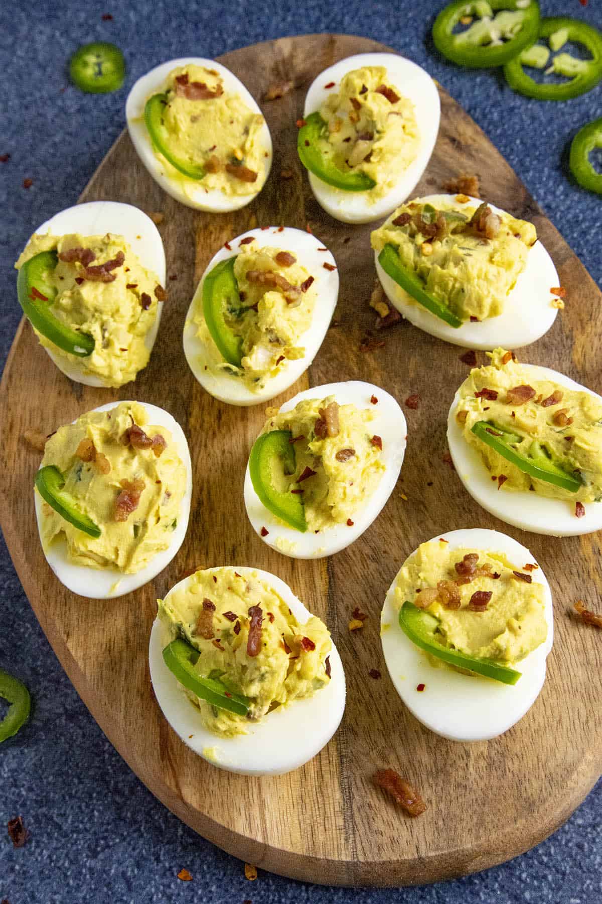 Spicy Deviled Eggs with Bacon and Jalapeno on a platter