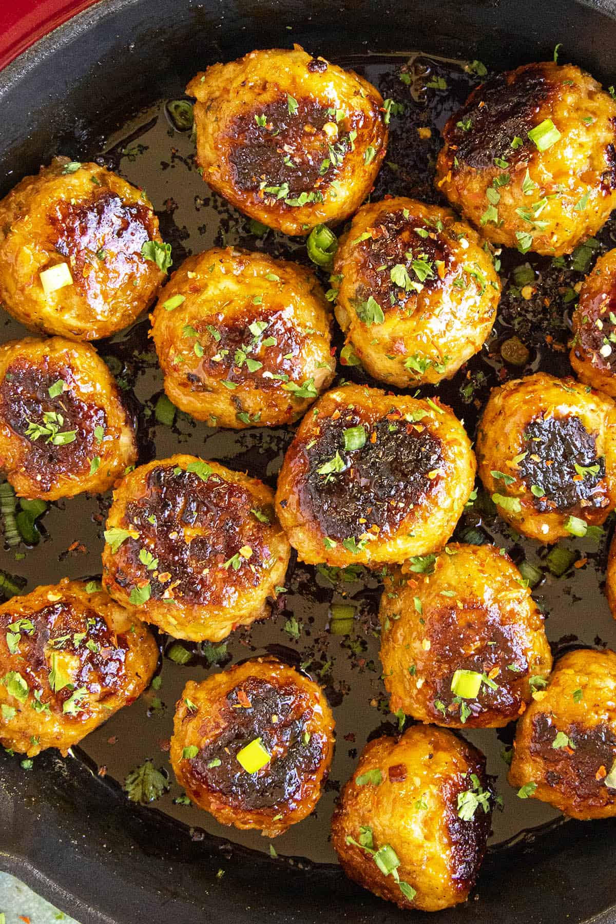 Delicious Korean Chicken Meatballs in a pan, ready to eat