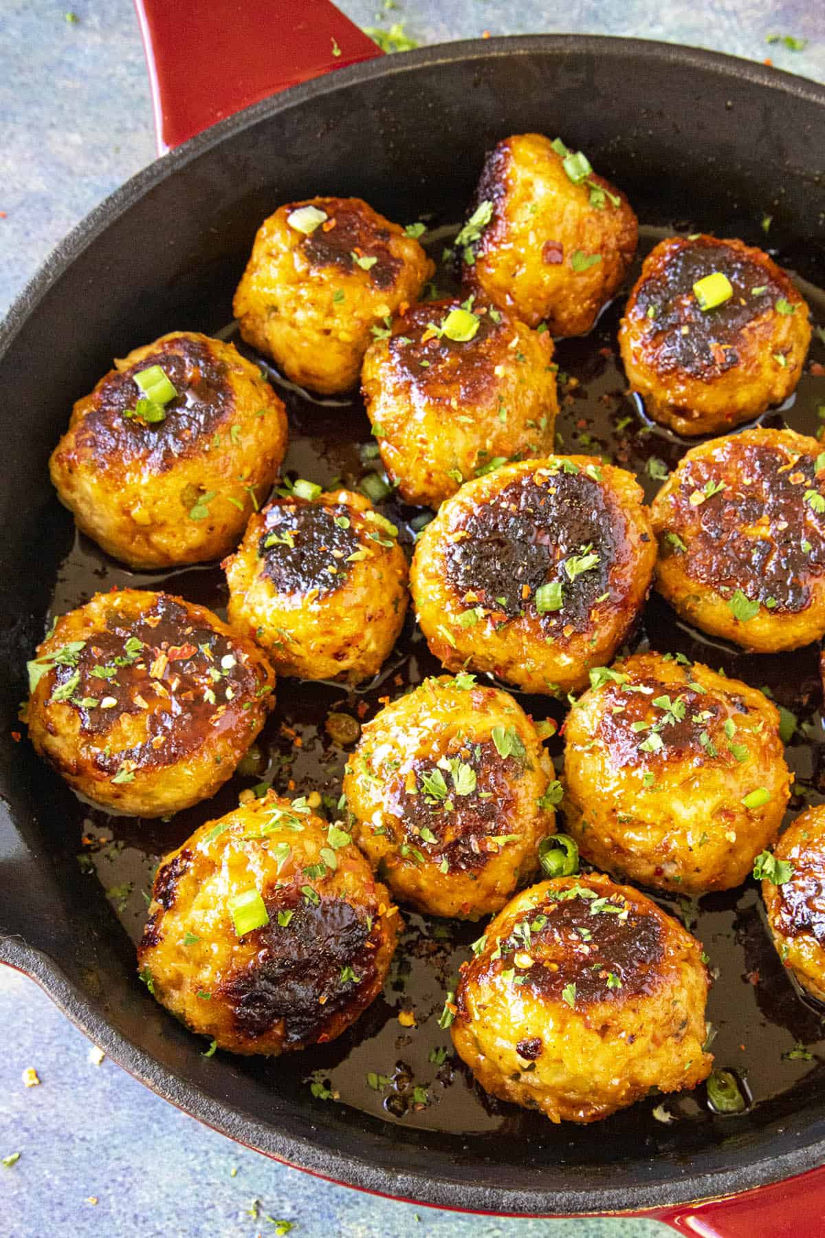 Spicy Korean Chicken Meatballs in a pan, ready to serve