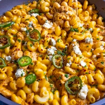 Buffalo Chicken Pasta served in a skillet.