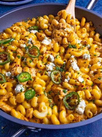 Buffalo Chicken Pasta served in a skillet.