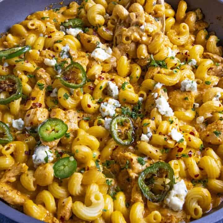 Buffalo Chicken Pasta served in a skillet.