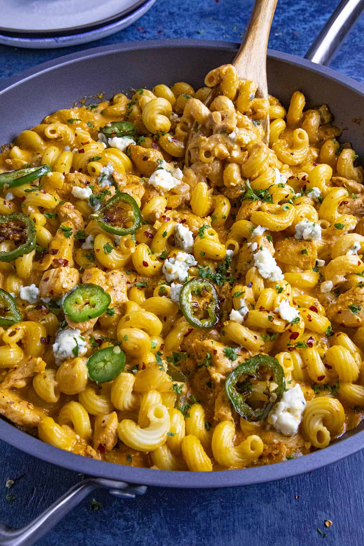 Buffalo Chicken Pasta served in a skillet.