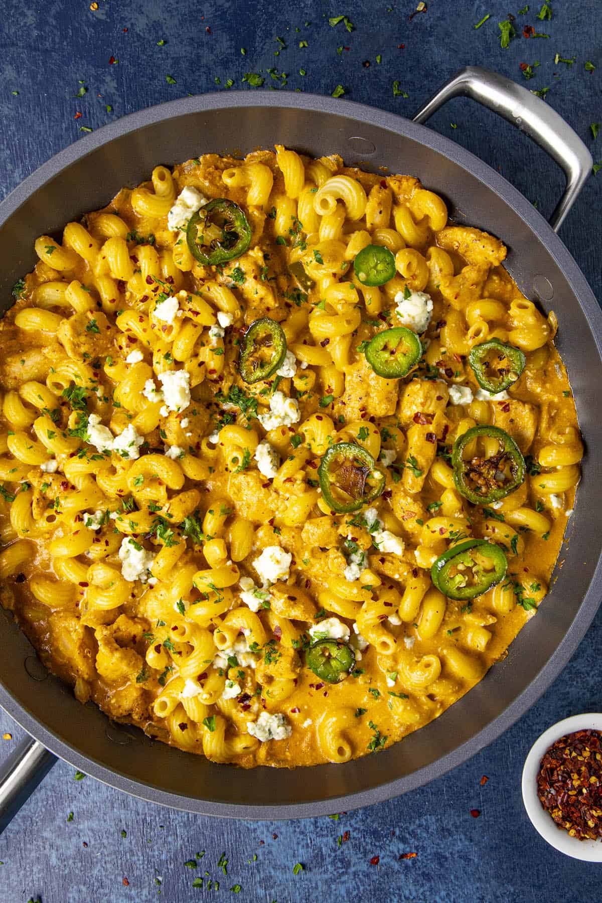 Buffalo Chicken Pasta in a pan.