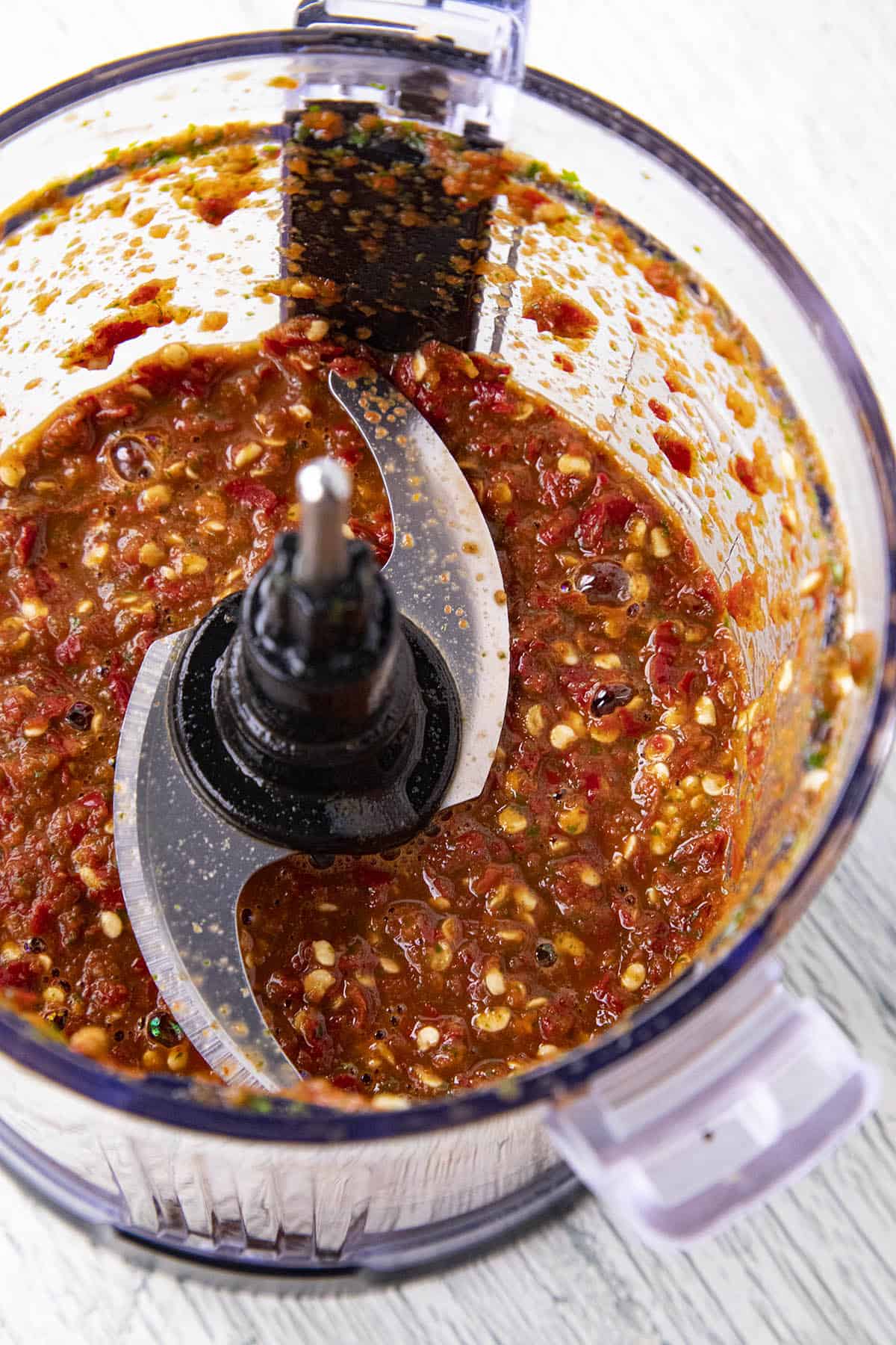 Fresh Chile de Arbol Salsa in a food processor, made with fresh peppers from my garden