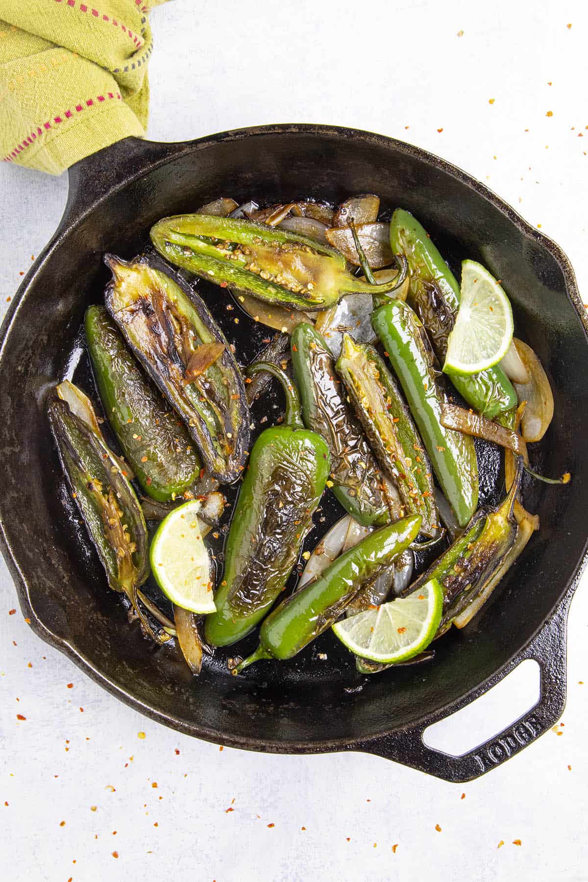 Chiles Toreados, or blistered chiles, just off the stove top