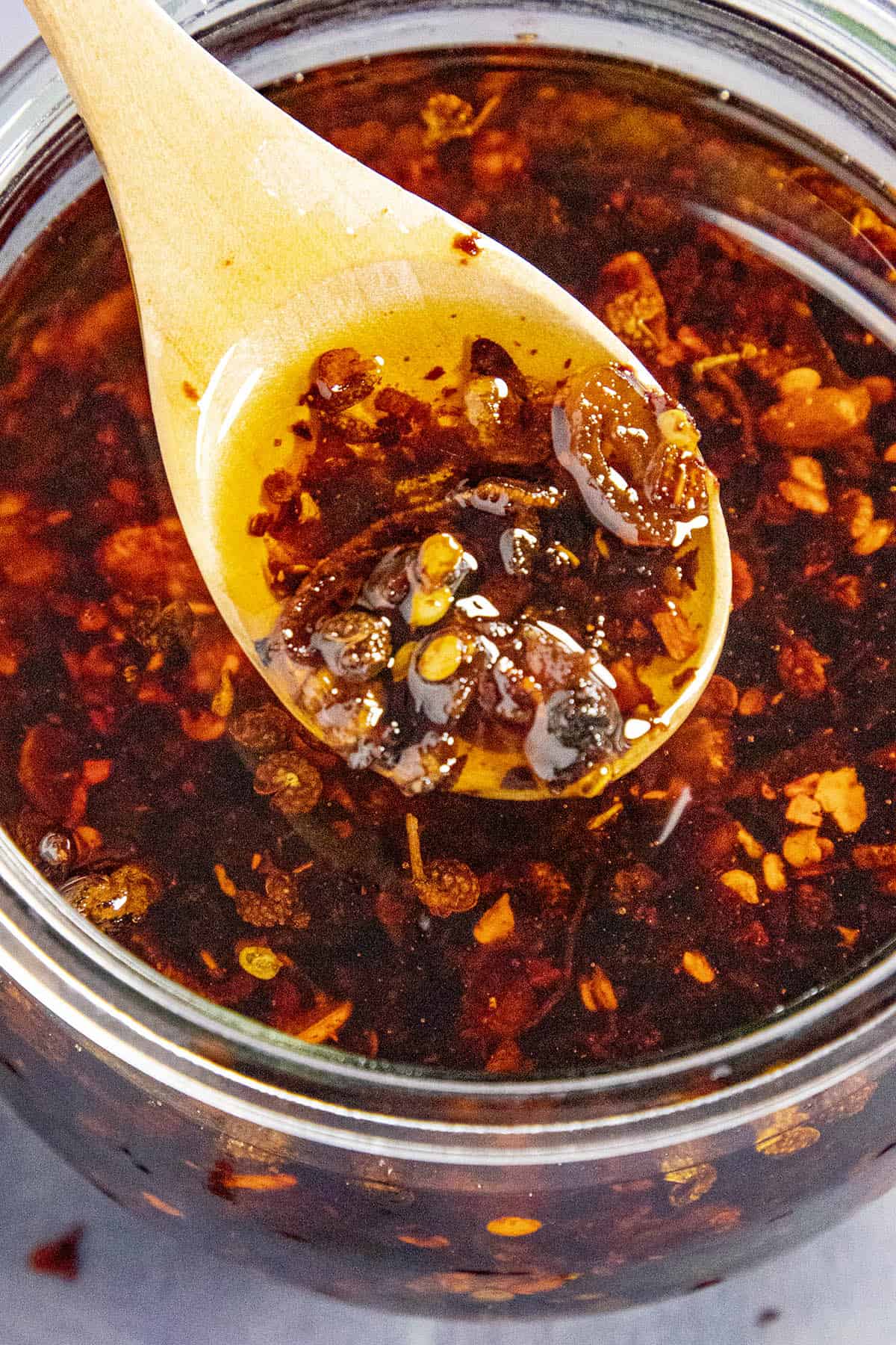 Crispy, crunchy Chili Crisp bits on a spoon