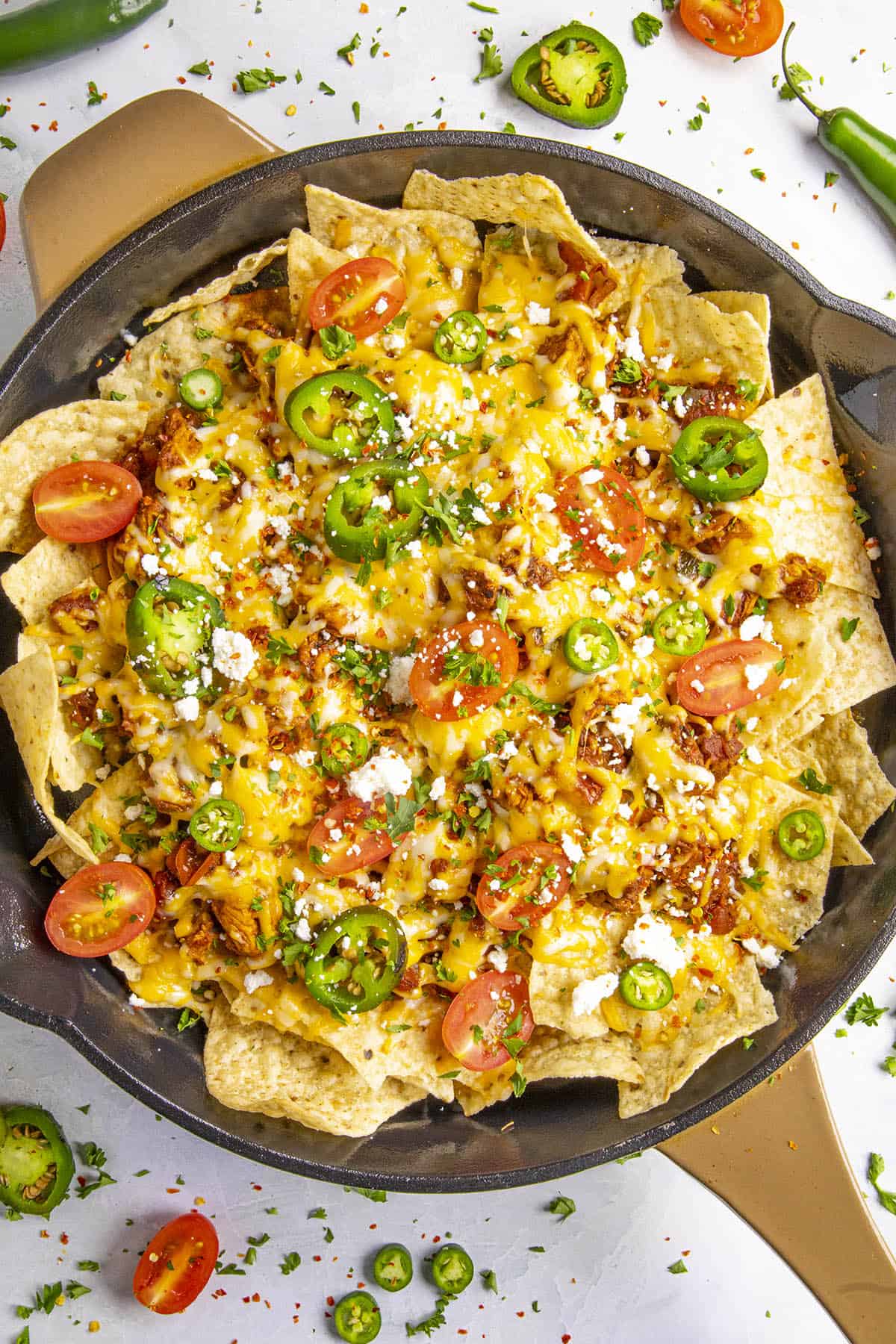 Chipotle Chicken Nachos in a pan, ready to serve