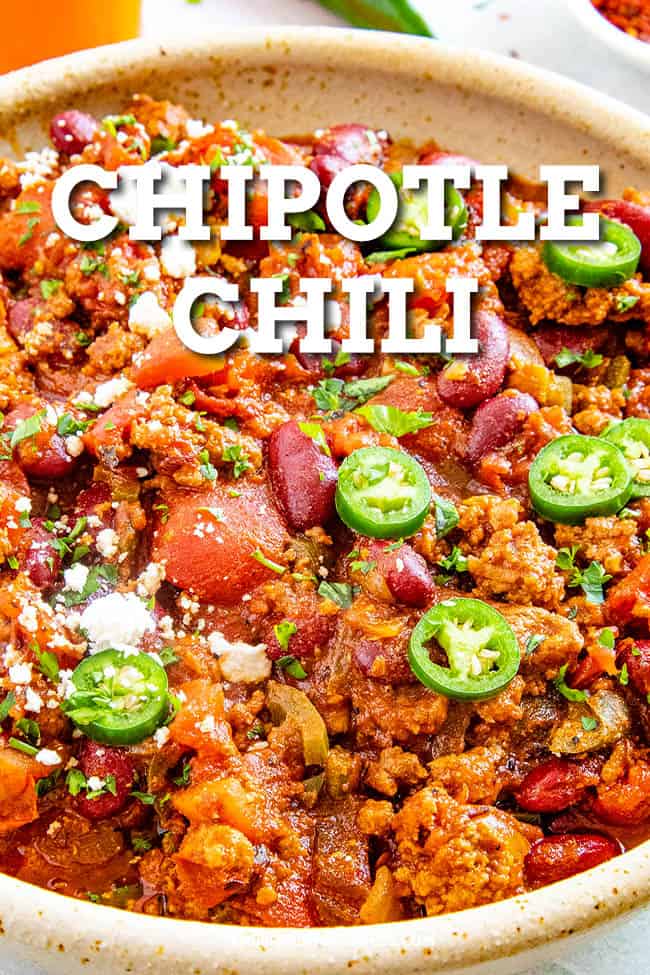 Chunky Chipotle Chili Recipe - This chunky chipotle chili recipe is made with a mix of peppers, chili seasoning, and lots of chipotles in adobo sauce for the best rich and smoky flavor. #chili #chipotle #spicyfood