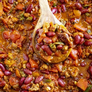 Chipotle Chili in a pot, with a spoon