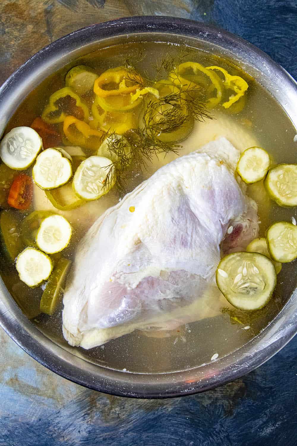 Step 1: Brining the chicken in pickle juice, water and seasonings