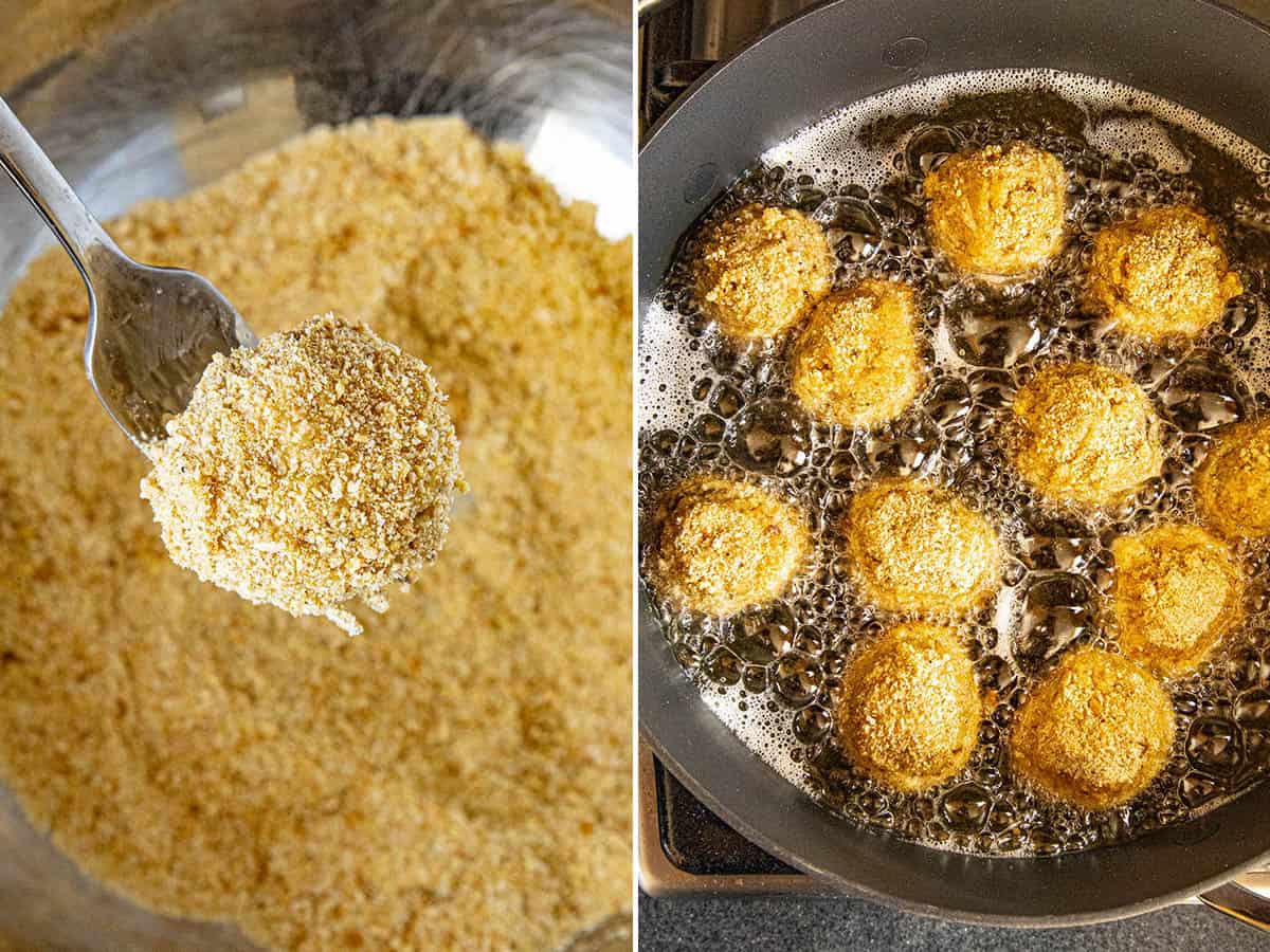 Coating then frying Boudin balls in a pan