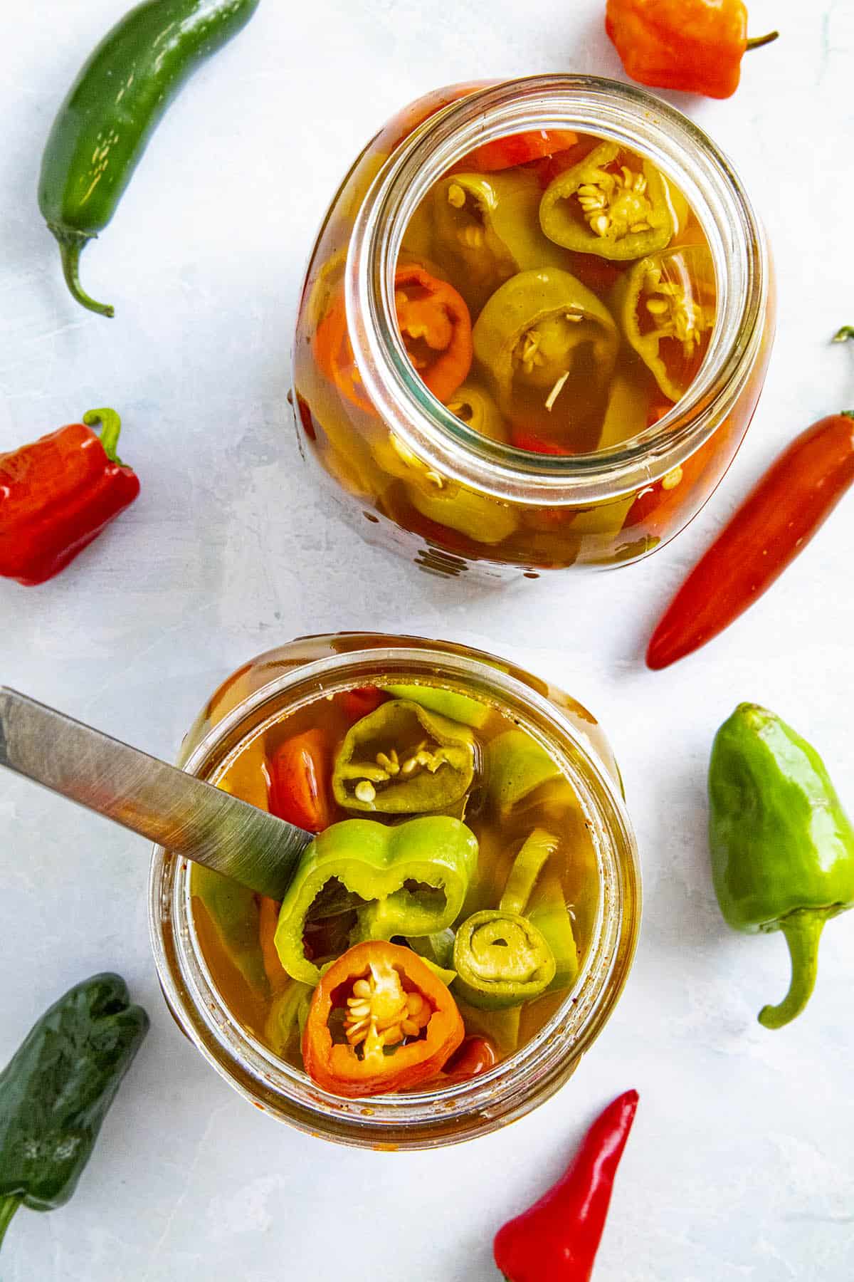 Pickled peppers in a jar, ready to serve