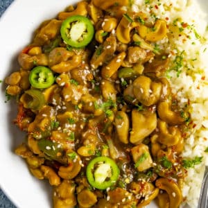 Saucy Cashew Chicken in a bowl, ready to serve