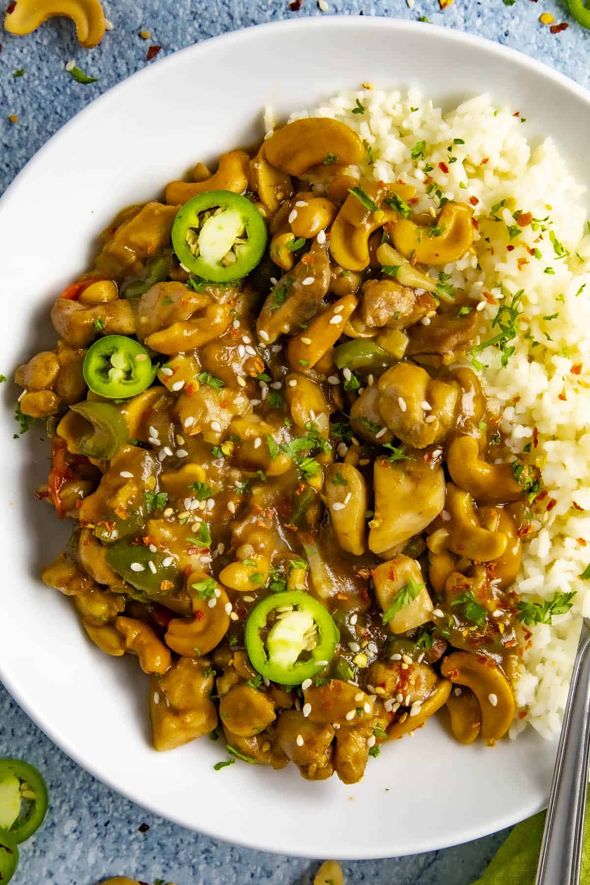 Saucy Cashew Chicken in a bowl, ready to serve