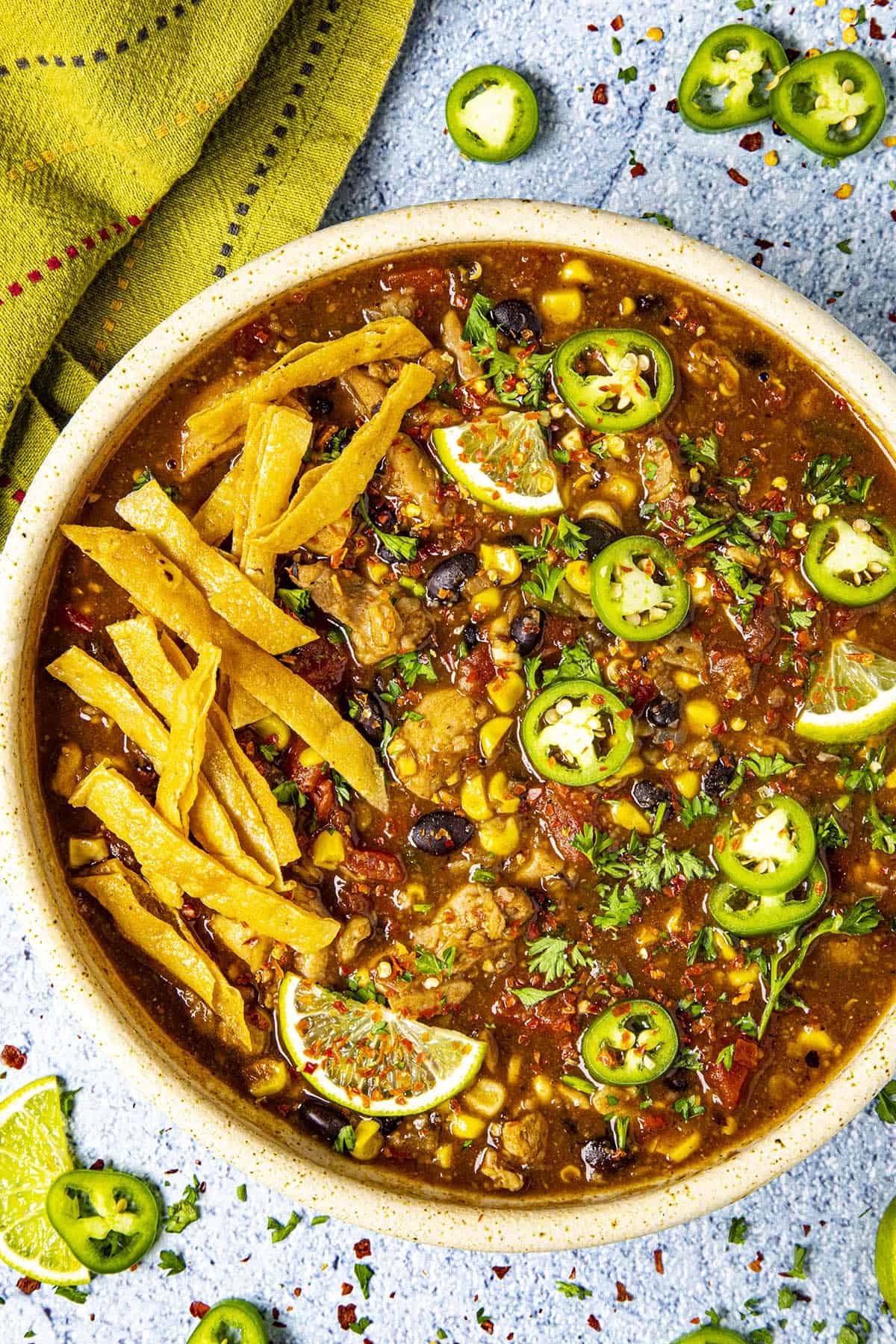 Chicken Tortilla Soup, garnished with crispy tortilla strips