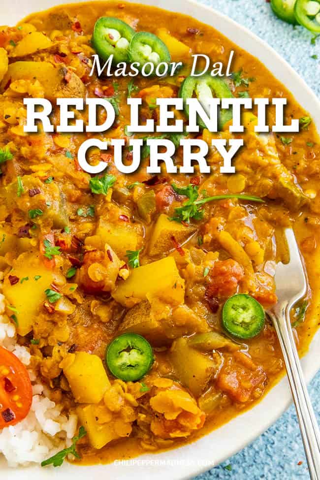 Masoor Dal (Red Lentil Curry Recipe) - This masoor dal recipe (red lentil curry) is a curry lover\'s dream, with nutty red lentils, hearty potatoes and lots of curry seasoning. Huge on flavor. So easy to spice it up! #curry #lentils #vegetarian