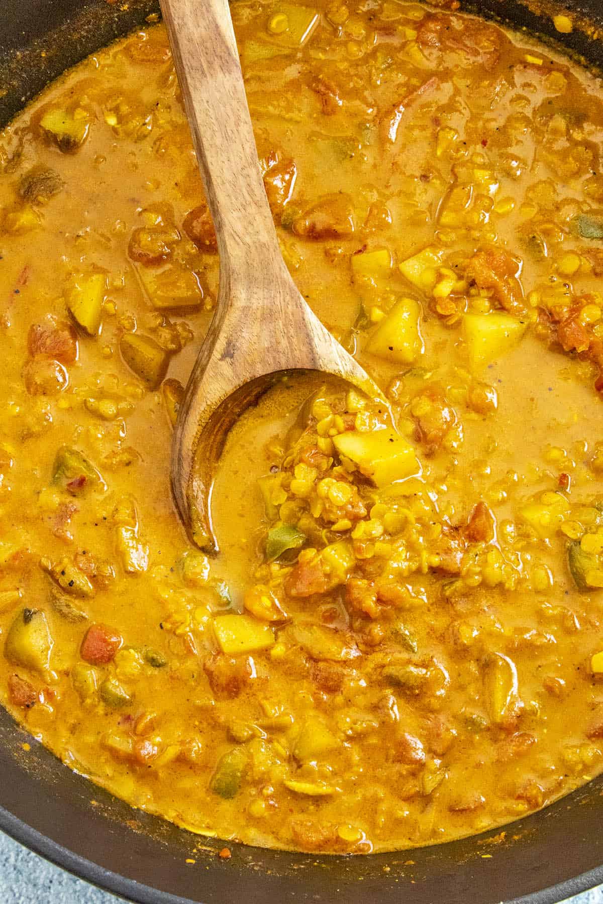 Masoor Dal (Red Lentil Curry) in a pot, ready to serve
