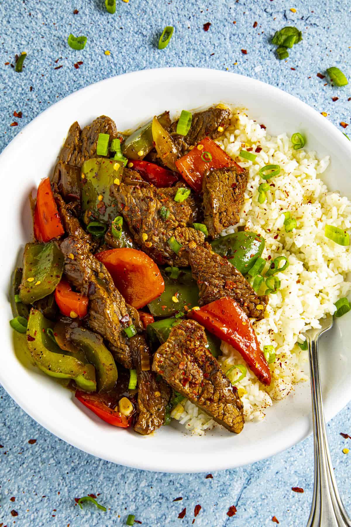 Pepper Steak in a bowl over rice