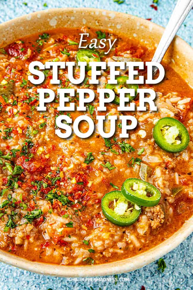 Loaded Stuffed Pepper Soup - This healthy-yet-hearty stuffed pepper soup recipe is truly a stuffed pepper in a bowl, with loads of peppers, ground meat, rice and seasonings. Easy to make!#StuffedPeppers #Soup #Dinner #SpicyFood