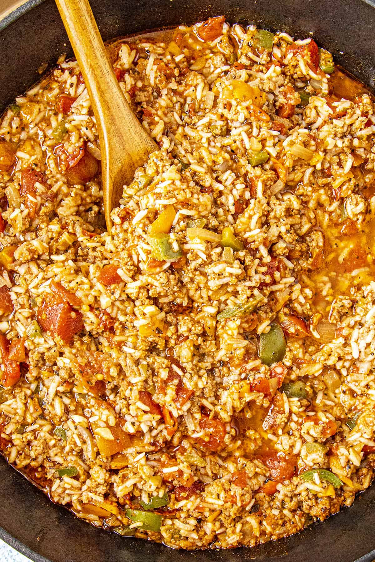 Stuffed Pepper Soup in a pot with lots of rice and peppers