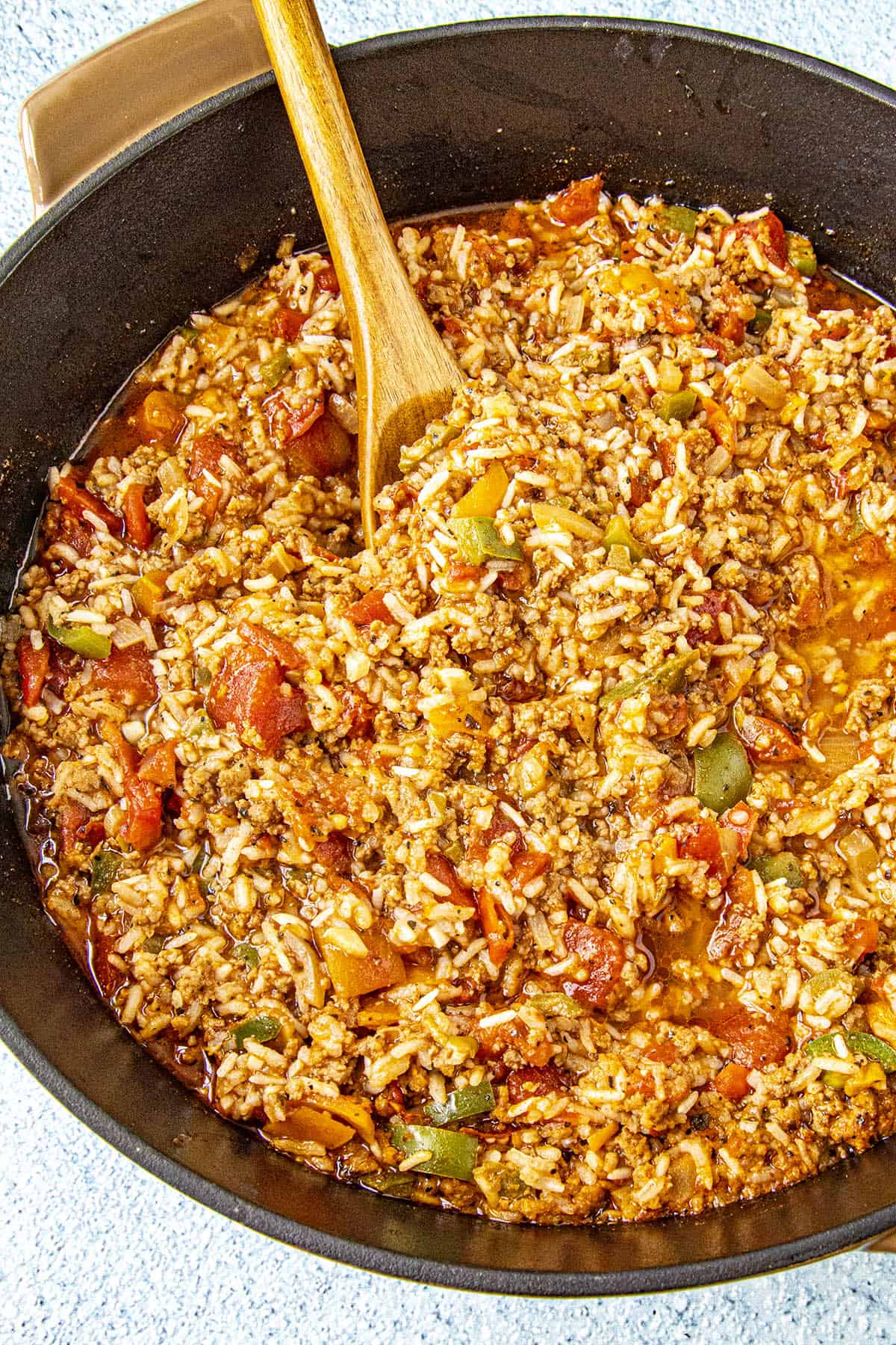 Stuffed Pepper Soup in a pot, ready to serve