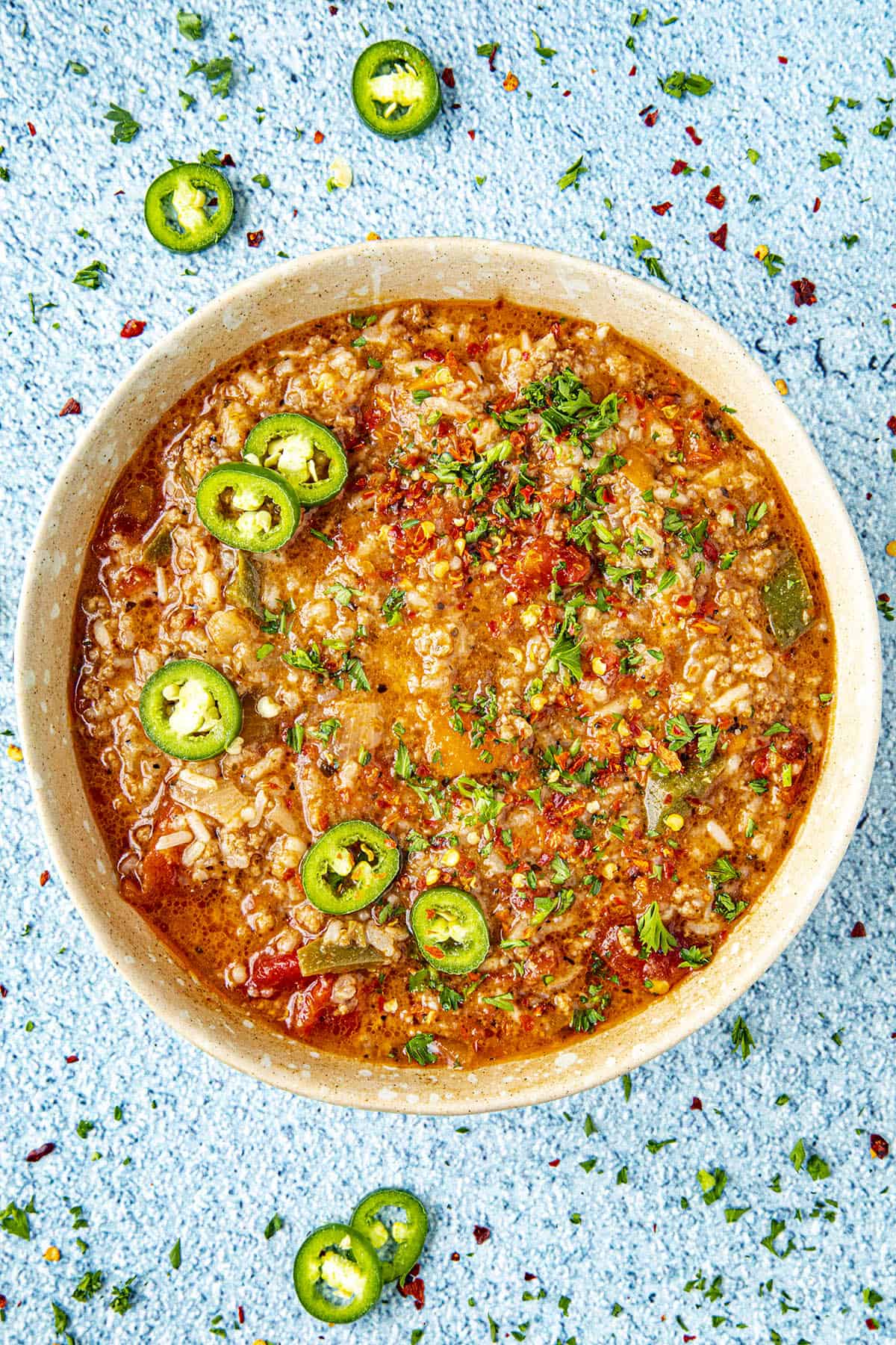 Thick Stuffed Pepper Soup in a bowl, ready to serve