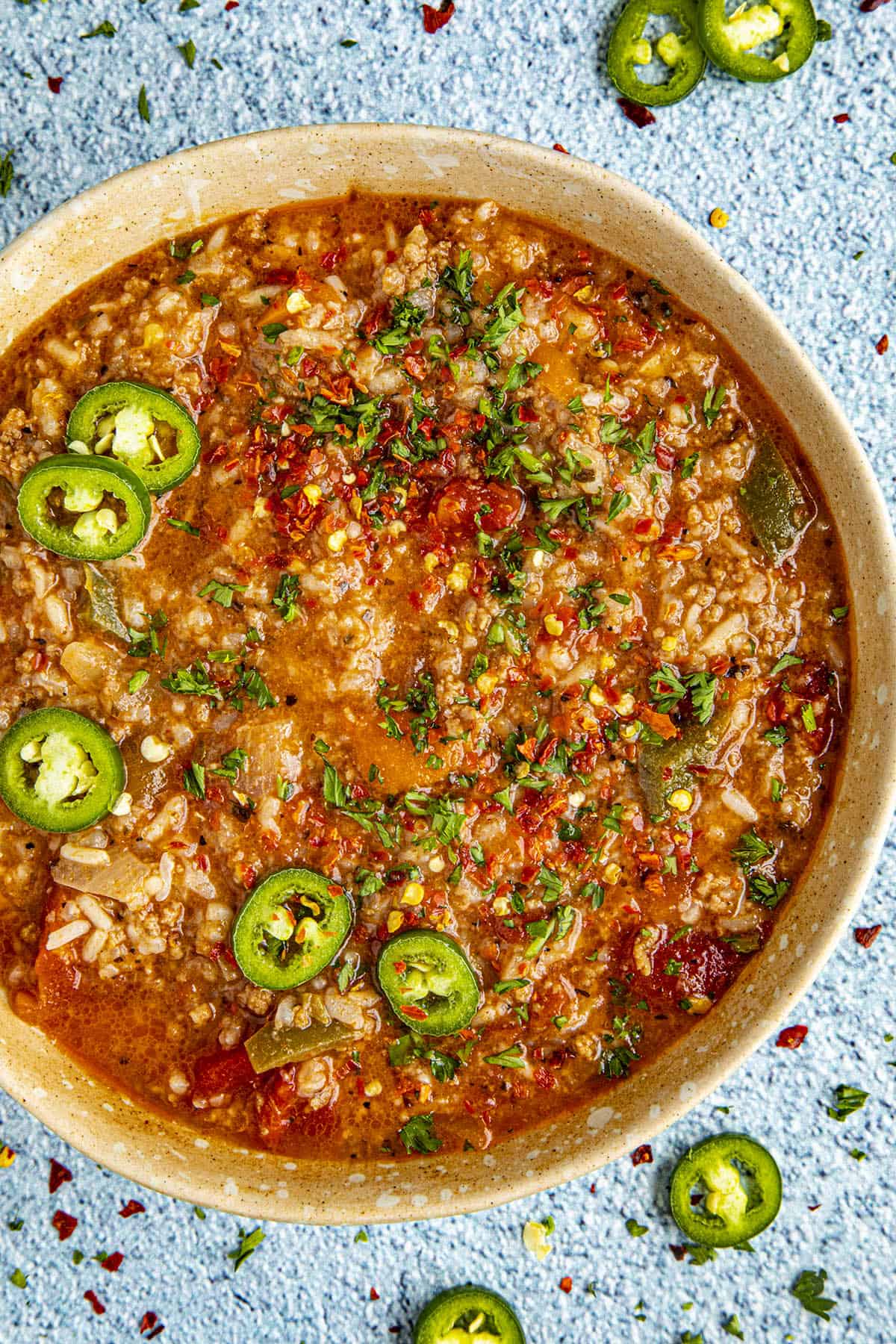 Thick Stuffed Pepper Soup in a bowl, ready to serve