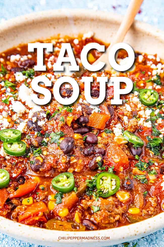 Easy Taco Soup Recipe - This easy taco soup recipe is loaded with tomato, chilies, black beans, and all the fixings. It\'s thick, chunky with just the right amount of spice. Easy weeknight dinner! #souprecipe #tacos #easymeals