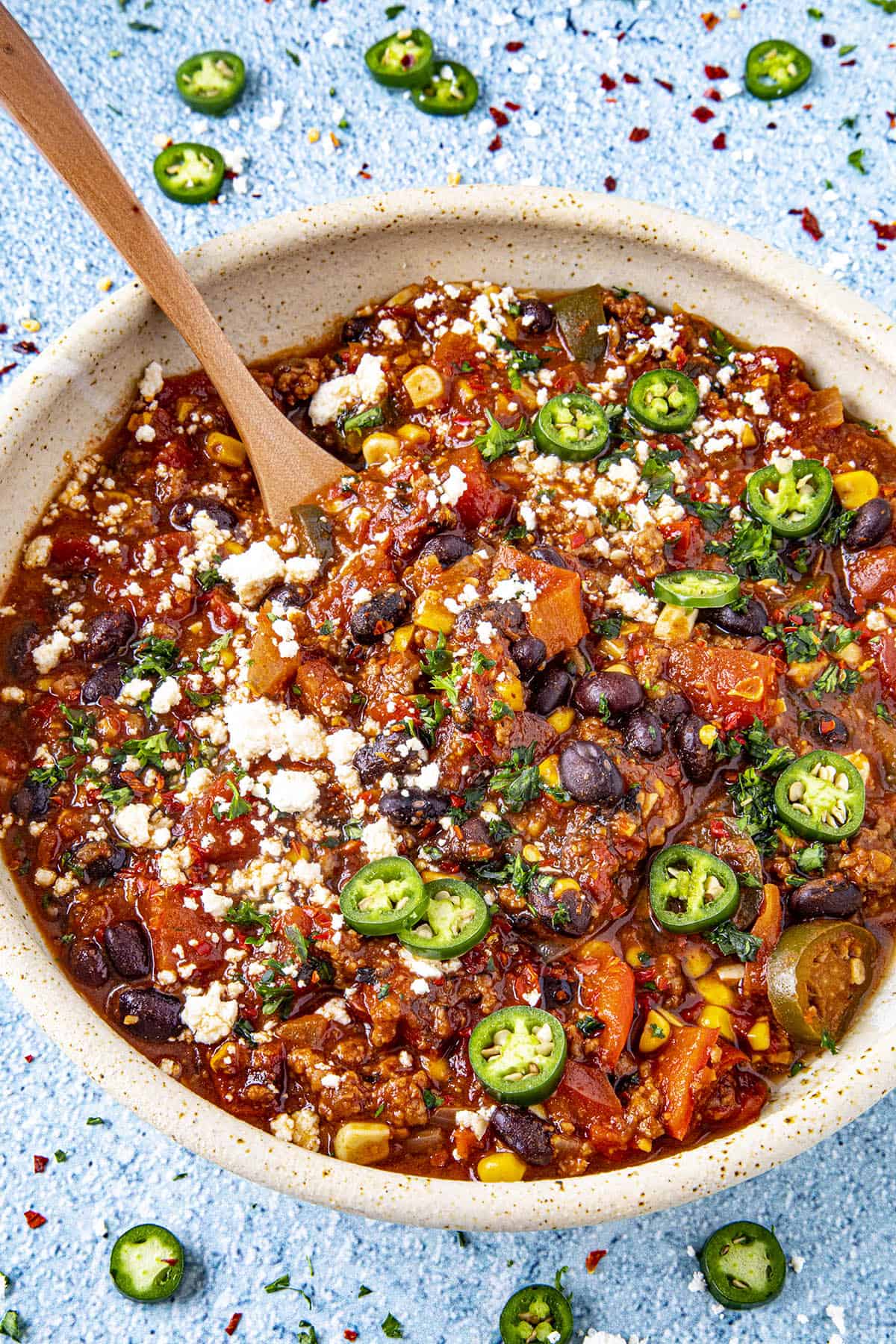 Taco soup in a bowl, freshly served and steaming hot