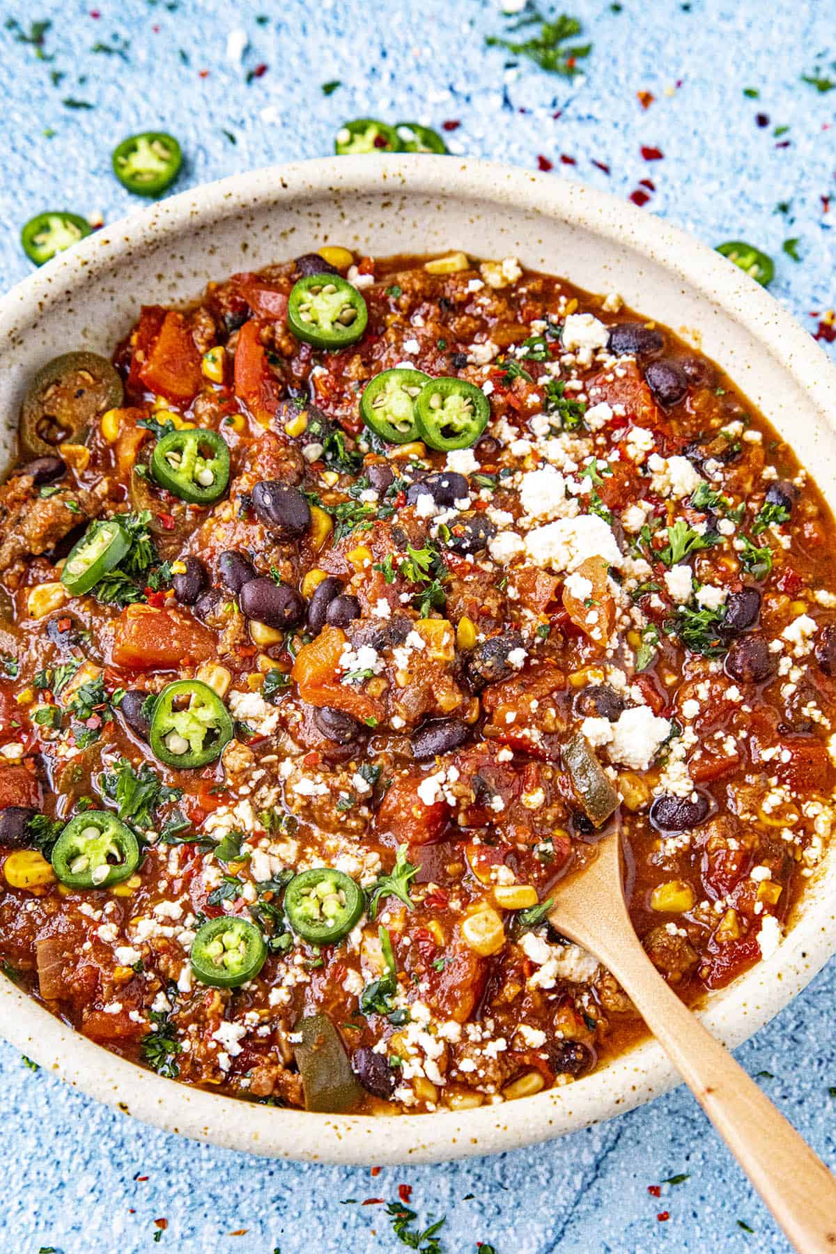 Chunky taco soup in a bowl, ready to serve
