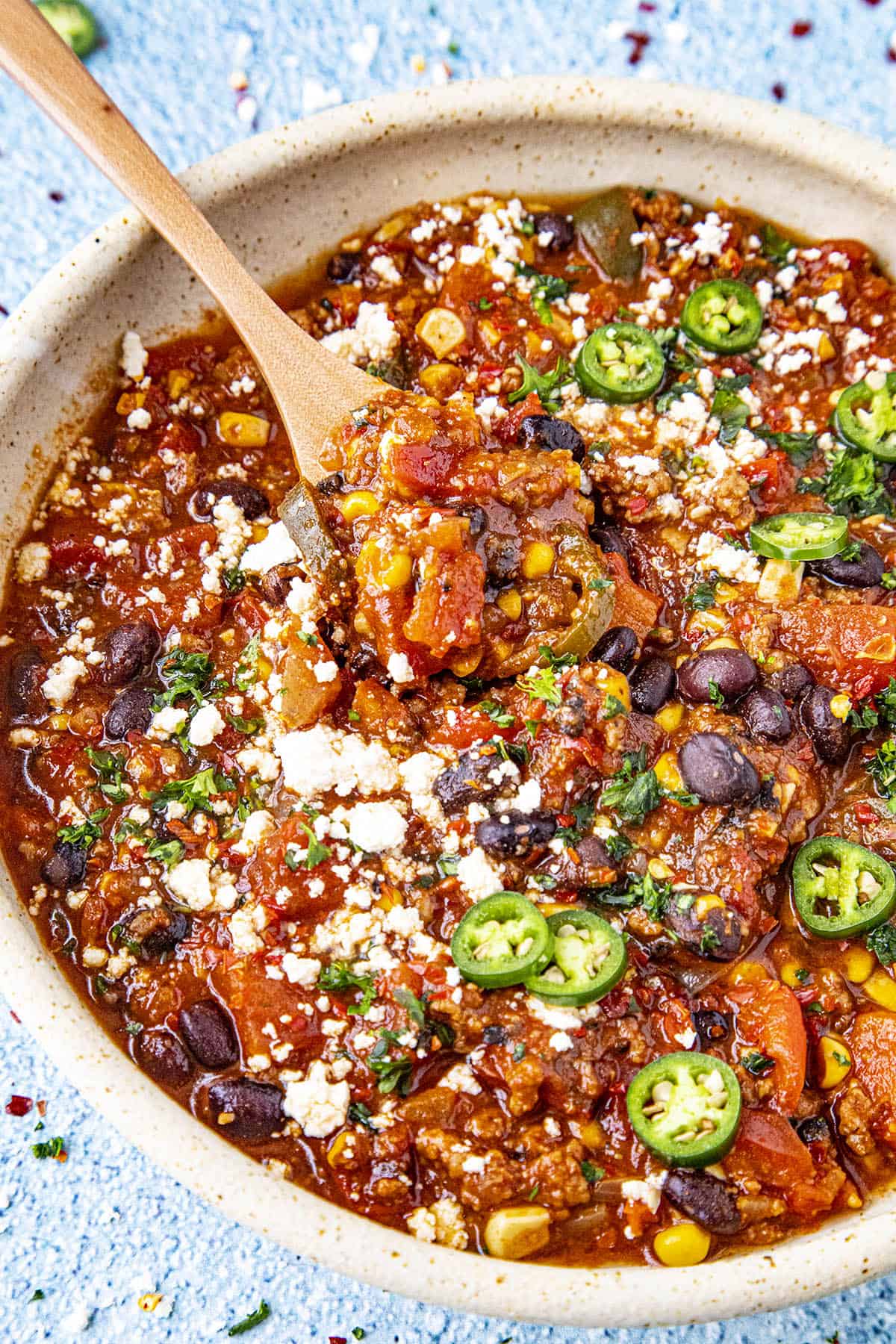 Chunky taco soup in a bowl