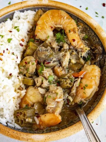 Seafood gumbo served in a big bowl