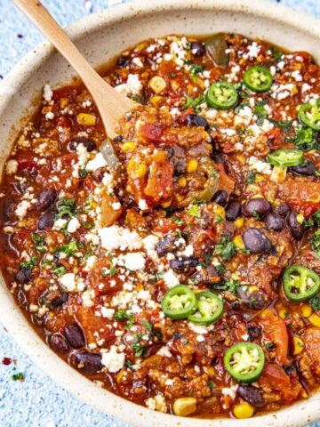 Chunky taco soup in a bowl