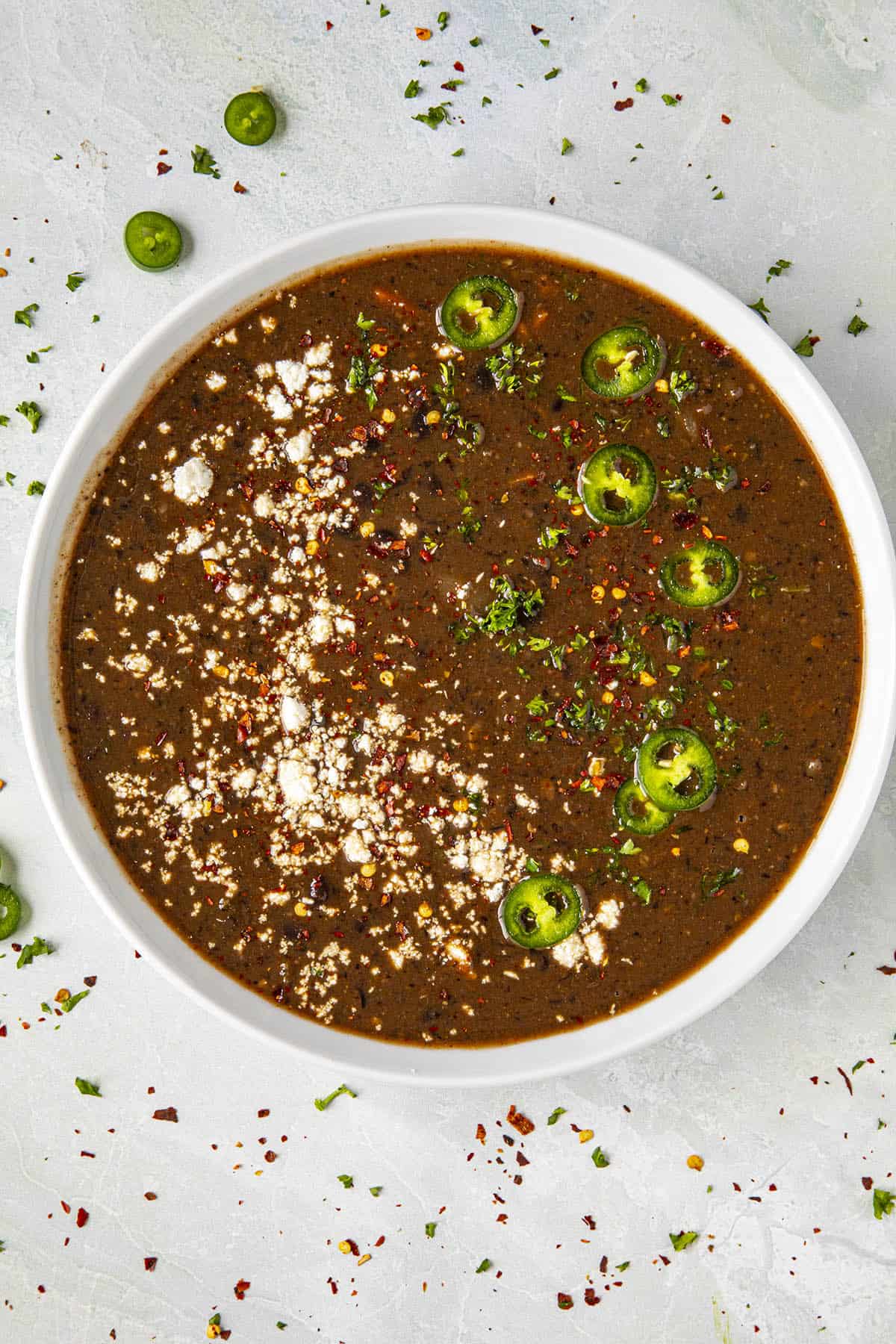 Black Bean Soup in a bowl, ready to serve