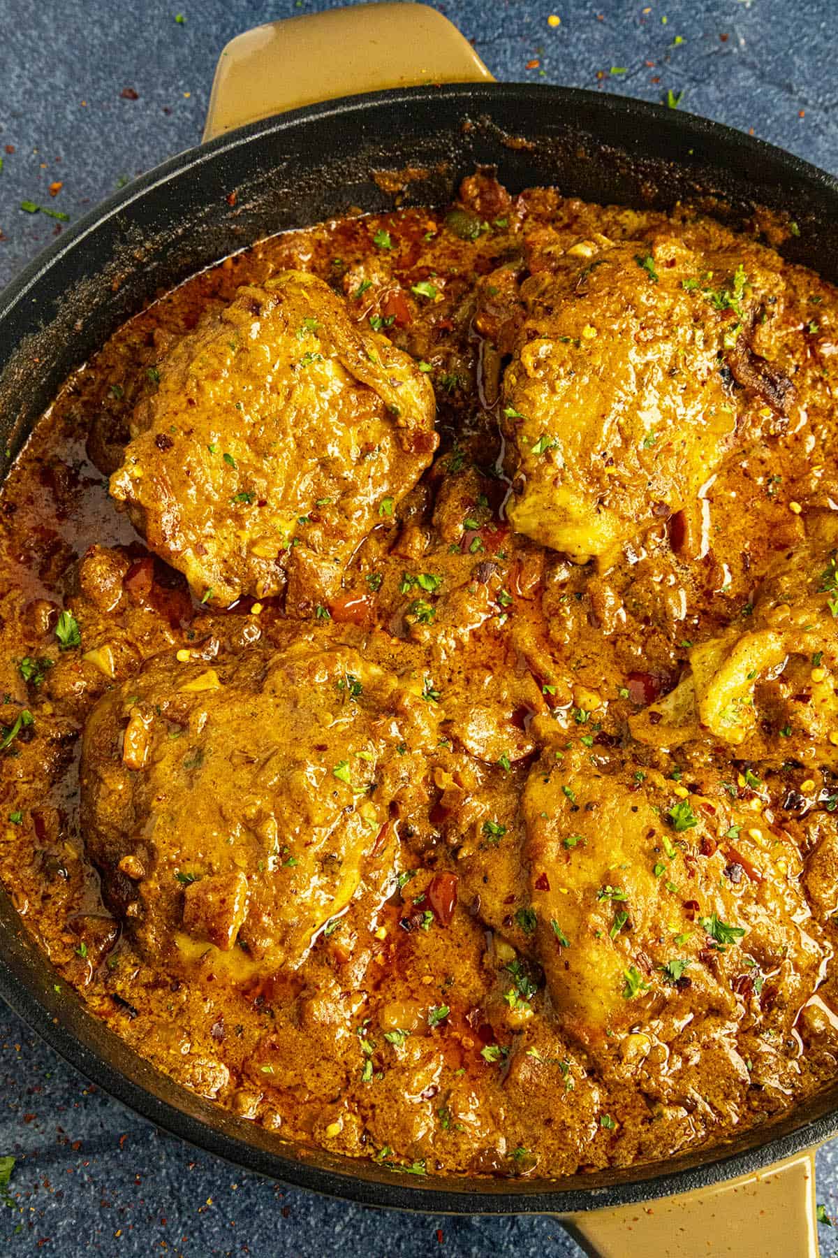 Chicken Paprikash in a hot pan, ready to serve