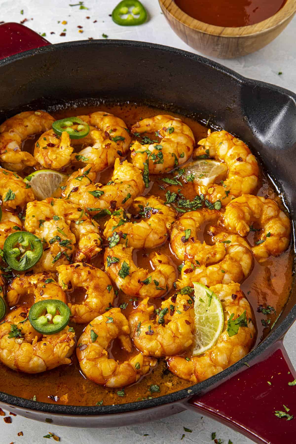 Spicy Firecracker Shrimp in a pan, ready to serve