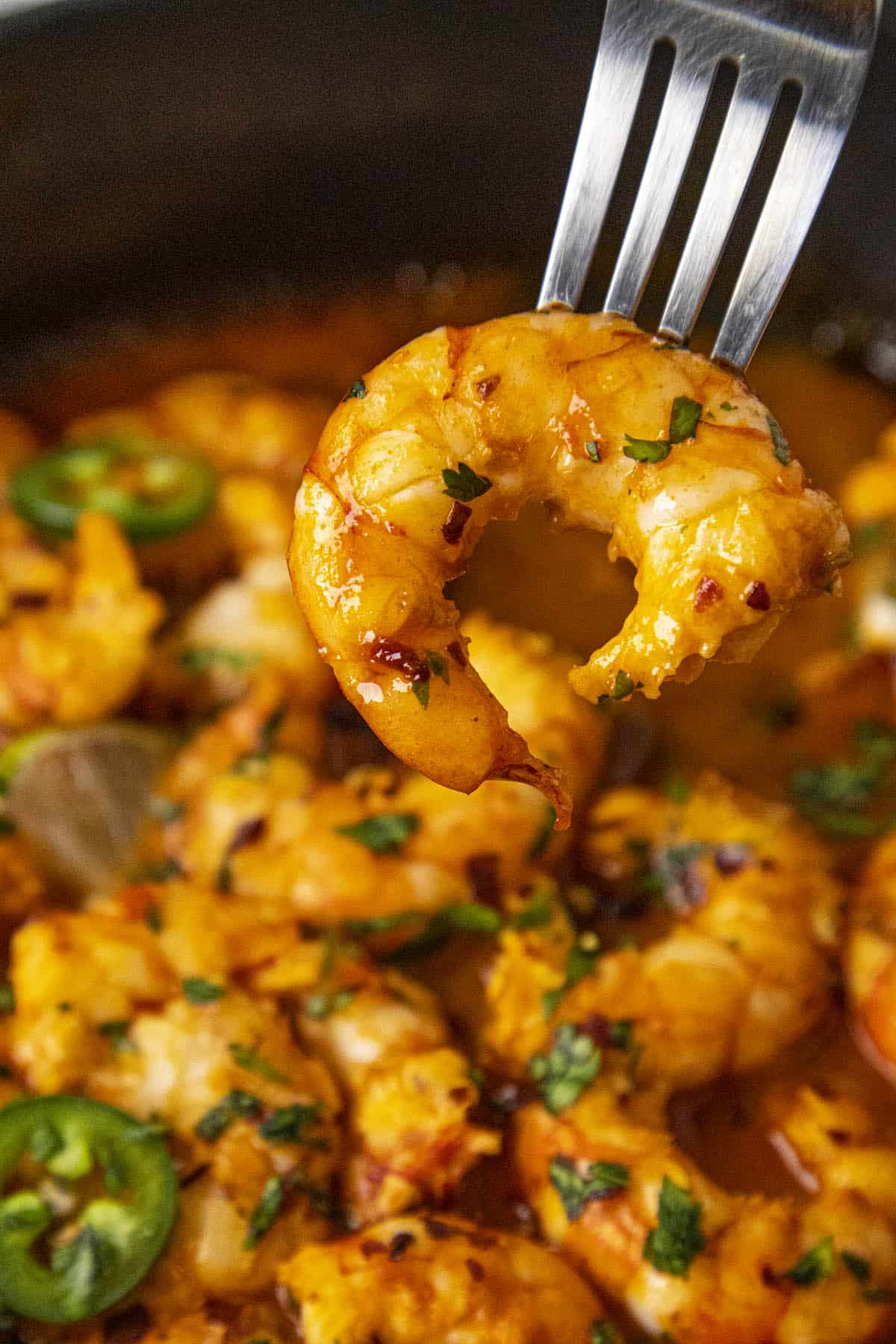 Spicy Firecracker Shrimp on a fork