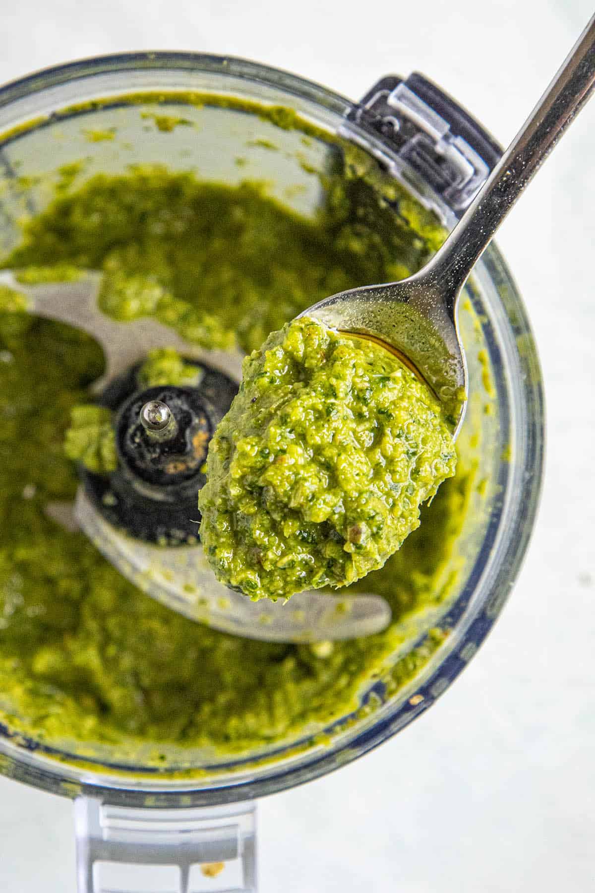 Thick Green Curry Paste on a spoon, just out of the food processor